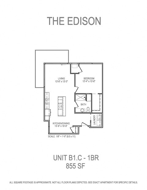 Floor plan for 1 bed, 1 bath, 855 sqft